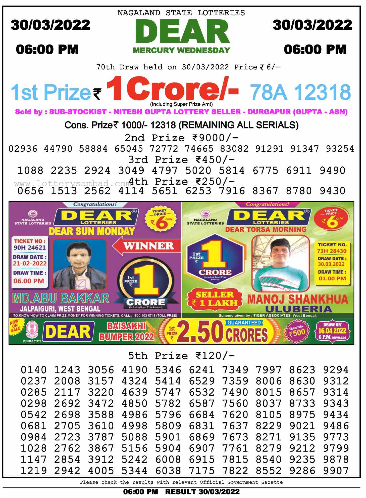 Download Result of Nagaland State Dear 6 30-03-2022 Draw at 6:00Pm