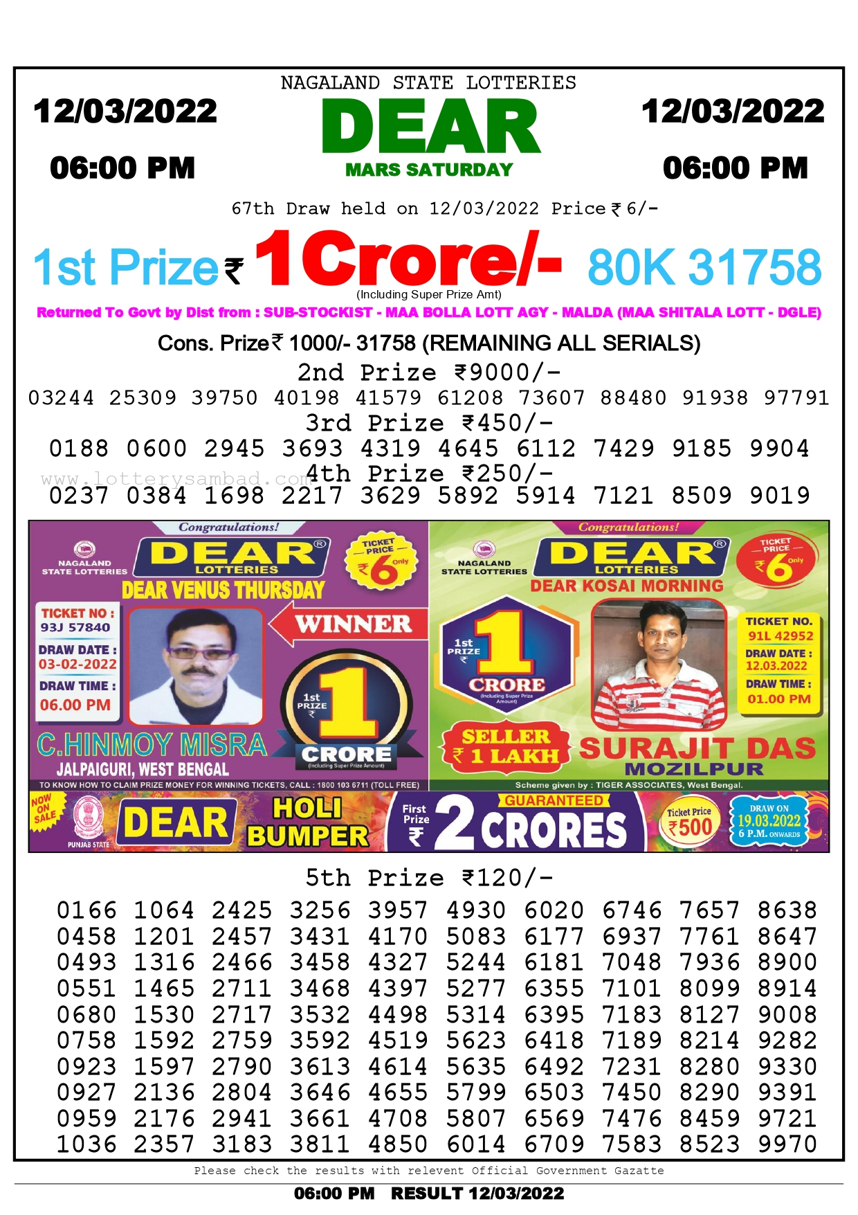 Download Result of Nagaland State Dear 6 draw 12-03-2022 at 6:00Pm