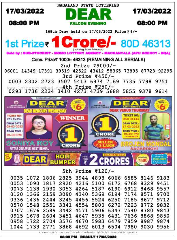 Download Result of Nagaland State Dear 6 17-03-2022 Draw at 8:00Pm