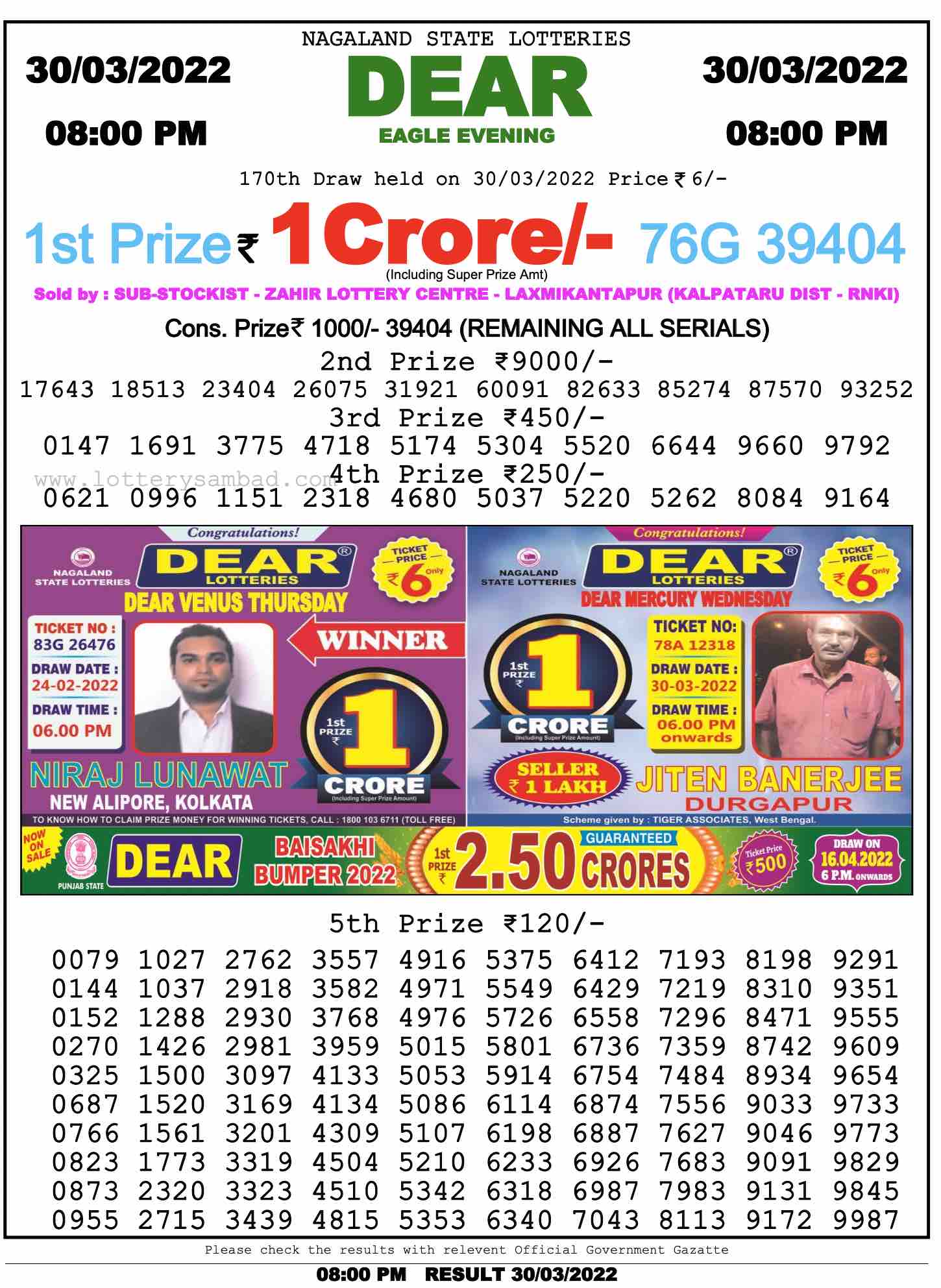 Download Result of Nagaland State Dear 6 30-03-2022 Draw at 8:00Pm