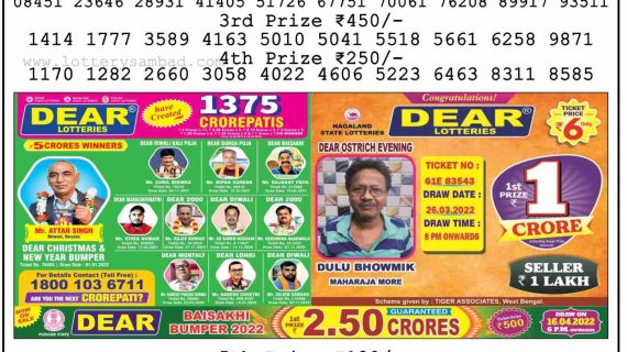 Download Result of Nagaland State Dear 6 27-03-2022 Draw at 1:00Pm