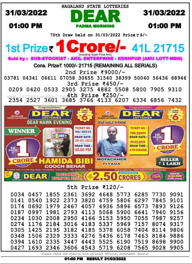 Download Result of Nagaland State Dear 6 31-03-2022 Draw at 1:00Pm