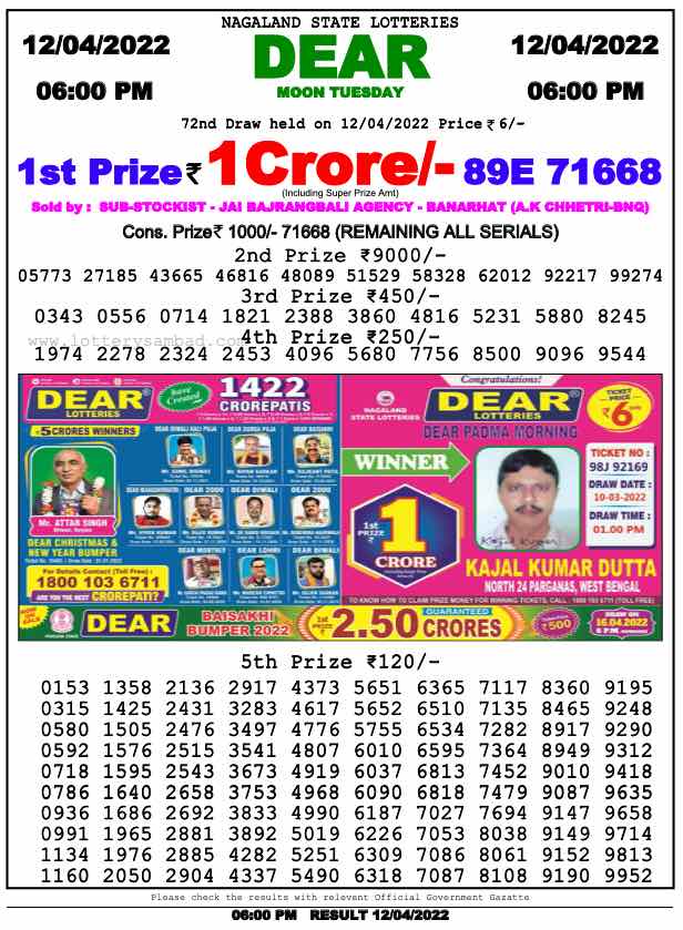 Download Result of Nagaland State Dear 6 12-04-2022 Draw at 6:00Pm