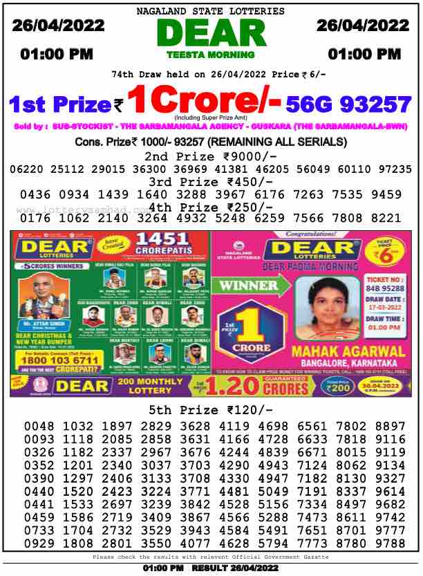Download Result of Nagaland State Dear 6 26-04-2022 Draw at 1:00Pm