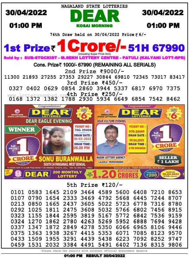 Download Result of Nagaland State Dear 6 30-04-2022 Draw at 1:00Pm
