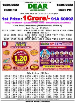 Download Result of Nagaland State Dear 6 Draw15-05-2022 Draw at 6:00Pm