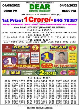 Download Result of Nagaland State Dear 6 04-05-2022 Draw at 8:00Pm
