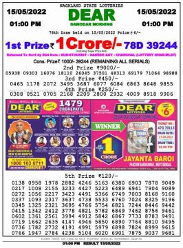 Download Result of Nagaland State Dear 6 Draw15-05-2022 Draw at 1:00Pm