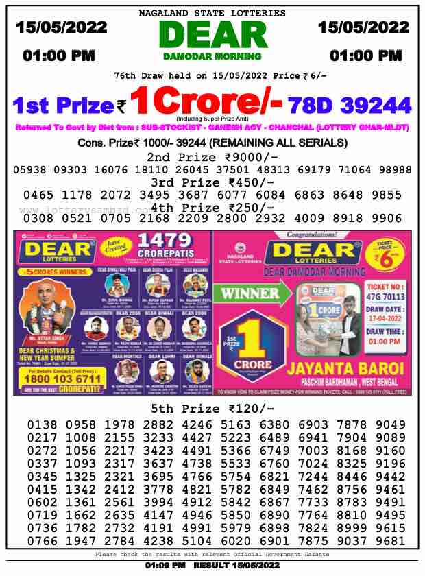 Download Result of Nagaland State Dear 6 Draw15-05-2022 Draw at 1:00Pm