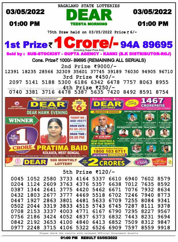 Download Result of Nagaland State Dear 6 03-05-2022 Draw at 1:00Pm