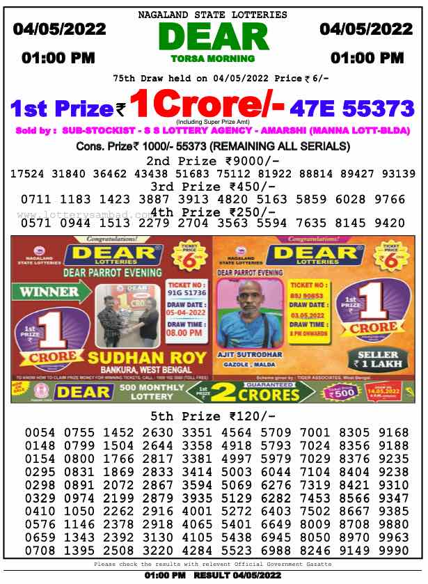 Download Result of Nagaland State Dear 6 04-05-2022 Draw at 1:00Pm