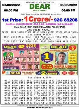 Download Result of Nagaland State Dear 6 Draw 03-06-2022 Draw at 6:00Pm