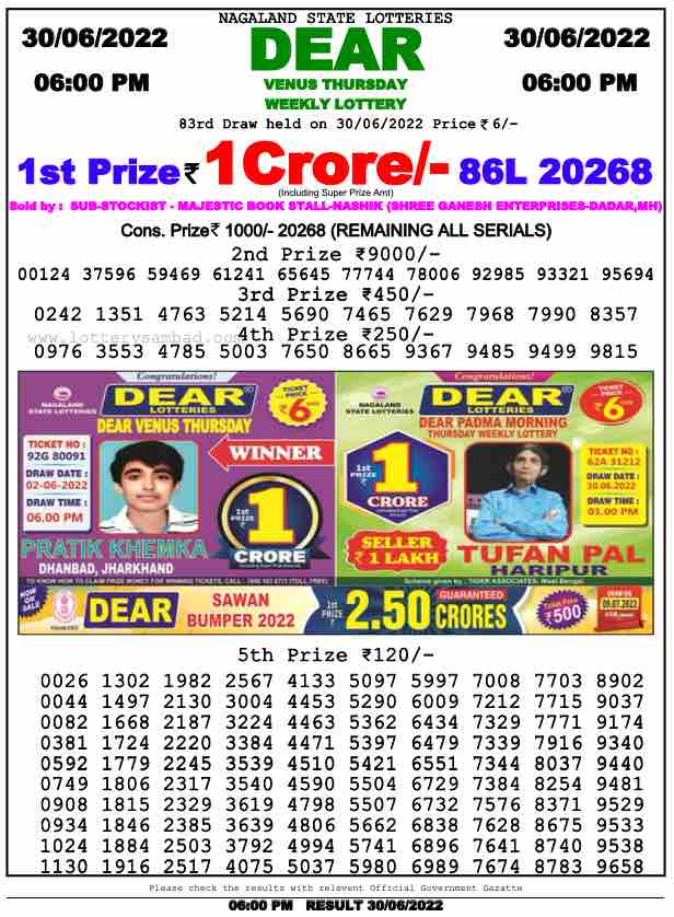 Download Result of Nagaland State Dear 6 Draw 30-06-2022 Draw at 6:00Pm
