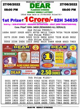 Download Result of Nagaland State Dear 6 Draw 27-06-2022 Draw at 8:00Pm