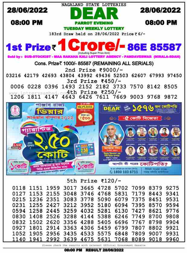Download Result of Nagaland State Dear 6 Draw 28-06-2022 Draw at 6:00Pm