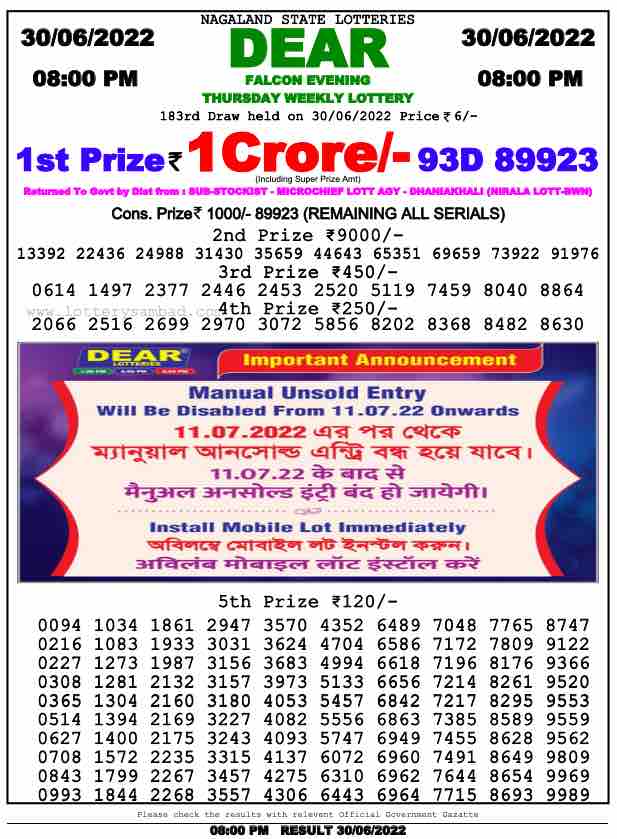Download Result of Nagaland State Dear 6 Draw 30-06-2022 Draw at 8:00Pm
