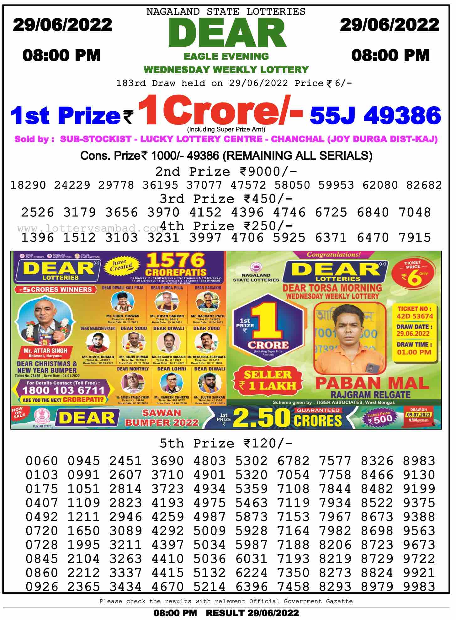 Download Result of Nagaland State Dear 6 Draw 29-06-2022 Draw at 8:00Pm