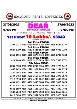 Download Result of Nagaland State Dear 100 Draw 27-06-2022 Draw at 7:00Pm