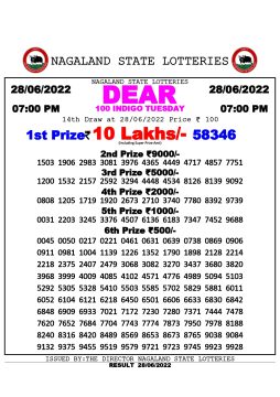 Download Result of Nagaland State Dear 100 Draw 28-06-2022 Draw at 7:00Pm