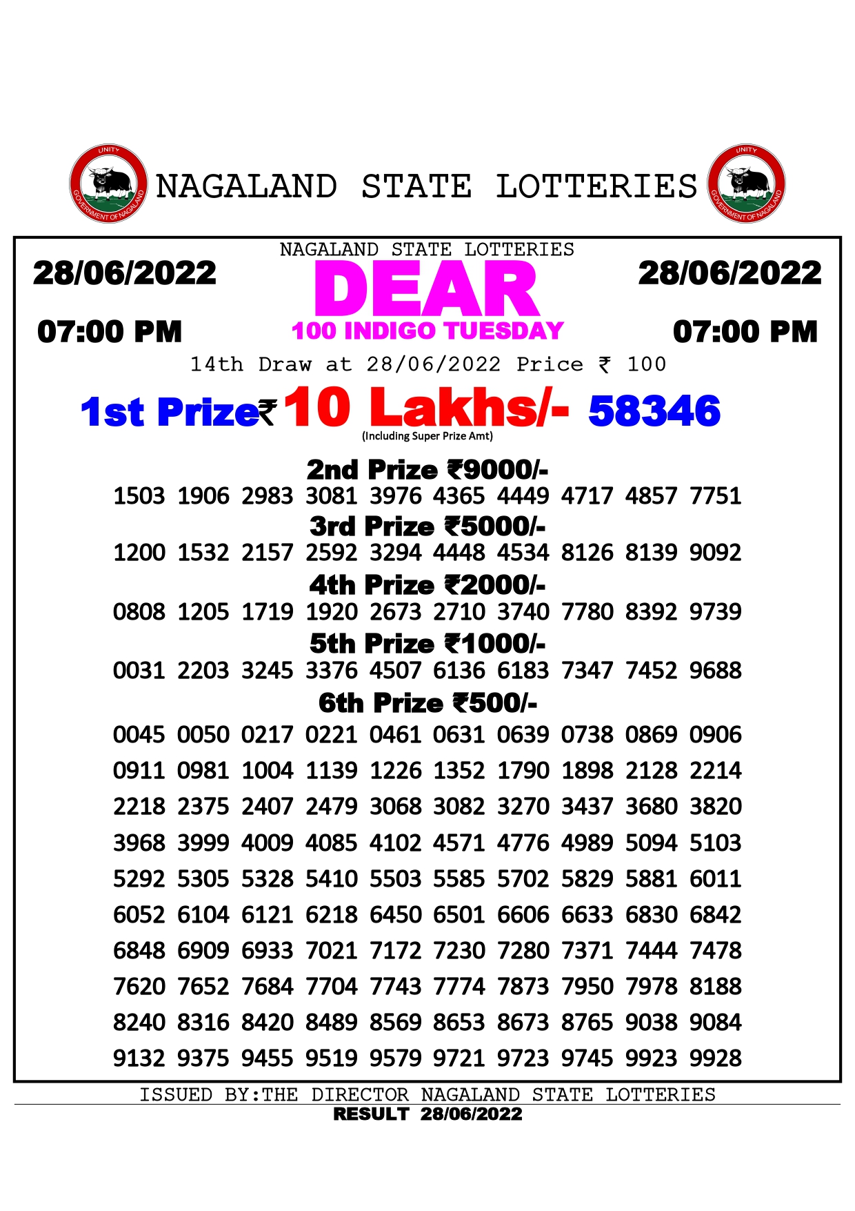 Download Result of Nagaland State Dear 100 Draw 28-06-2022 Draw at 7:00Pm
