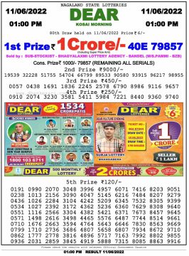 Download Result of Nagaland State Dear 6 Draw 11-06-2022 Draw at 1:00Pm