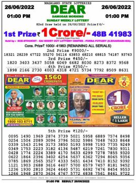 Download Result of Nagaland State Dear 6 Draw 26-06-2022 Draw at 1:00Pm