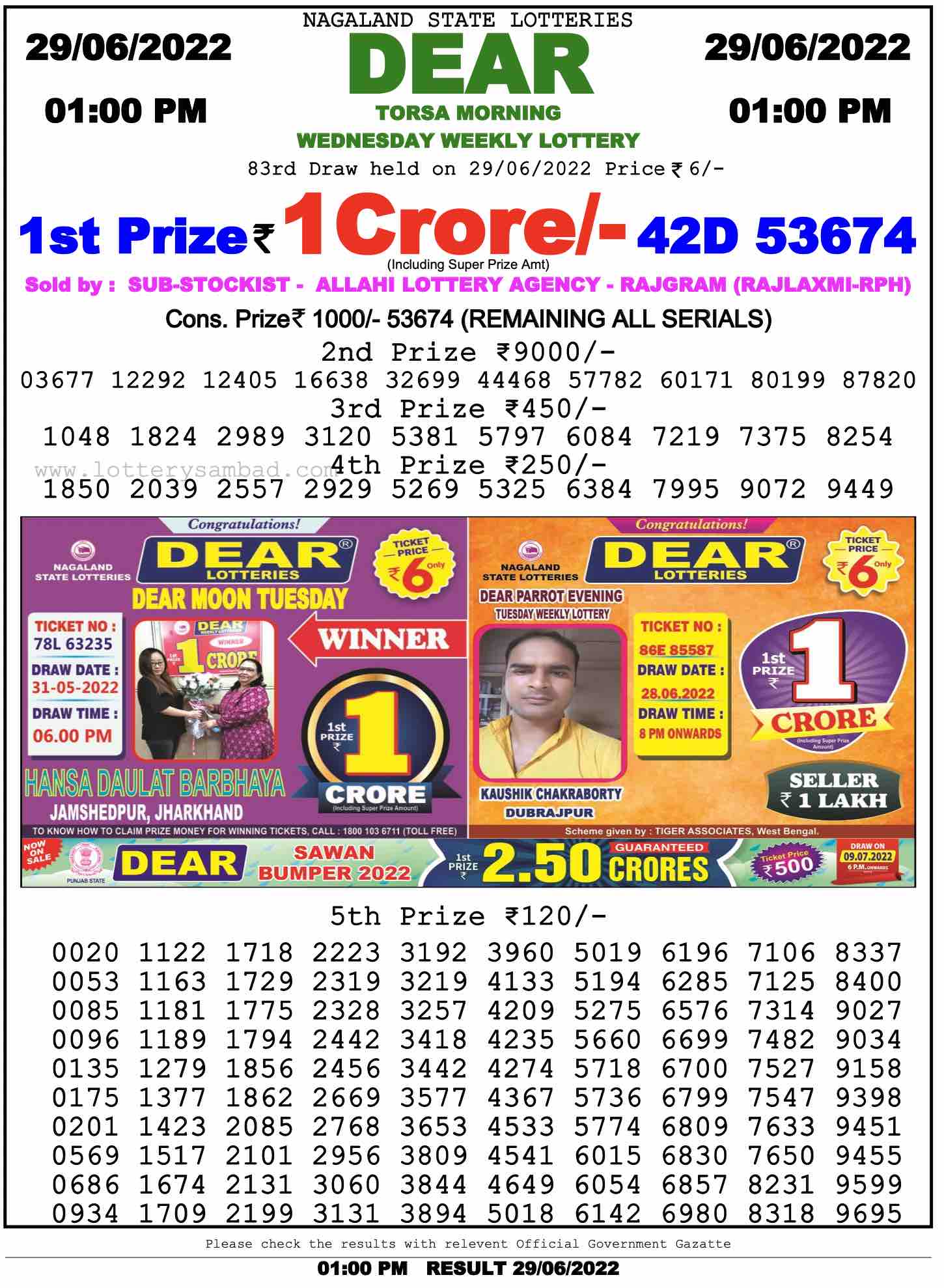 Download Result of Nagaland State Dear 6 Draw 29-06-2022 Draw at 1:00Pm