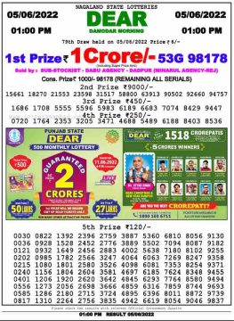 Download Result of Nagaland State Dear 6 Draw 05-06-2022 Draw at 1:00Pm