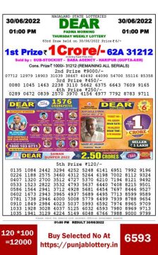 Download Result of Nagaland State Dear 6 Draw 30-06-2022 Draw at 1:00Pm