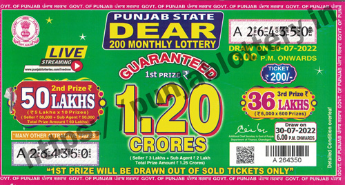 Buy Online Punjab State Dear 200 Monthly Lottery 30-07-2022