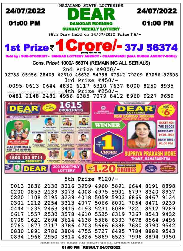 Download Result of Nagaland State Dear 6 Draw 24-07-2022 Draw at 1:00Pm