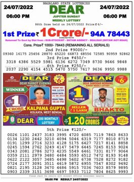 Download Result of Nagaland State Dear 6 Draw 24-07-2022 Draw at 6:00Pm