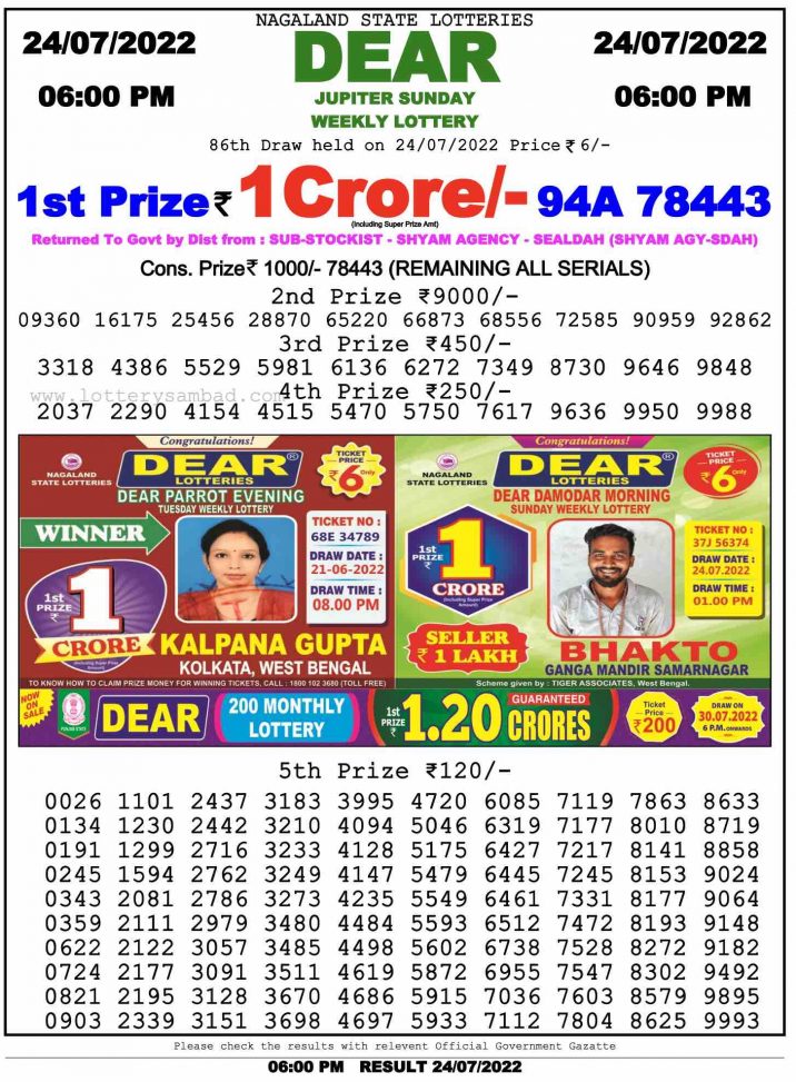 Download Result of Nagaland State Dear 6 Draw 24-07-2022 Draw at 6:00Pm