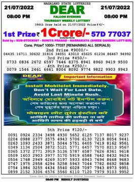 Download Result of Nagaland State Dear 6 Draw 21-07-2022 Draw at 8:00Pm