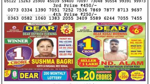 Download Result of Nagaland State Dear 6 Draw 16-07-2022 Draw at 6:00Pm