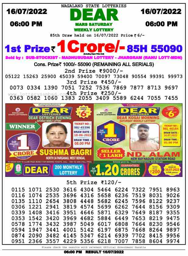 Download Result of Nagaland State Dear 6 Draw 16-07-2022 Draw at 6:00Pm