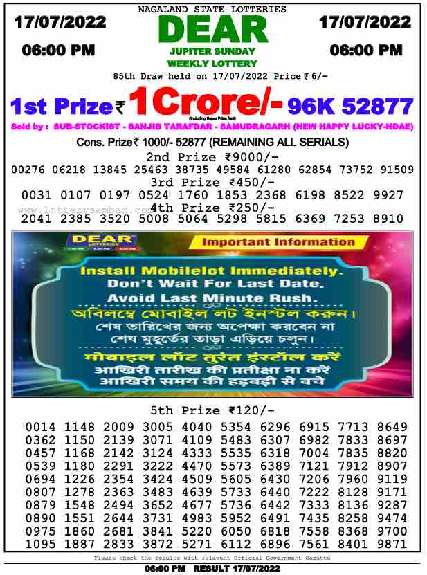 Download Result of Nagaland State Dear 6 Draw 17-07-2022 Draw at 6:00Pm