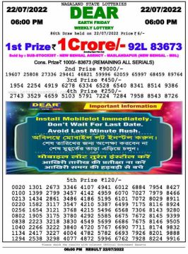 Download Result of Nagaland State Dear 6 Draw 22-07-2022 Draw at 6:00Pm