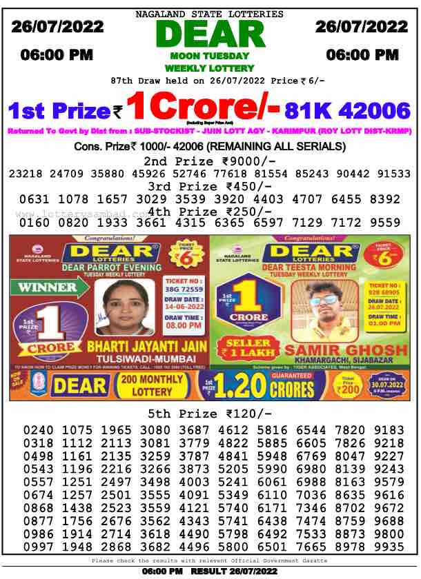Download Result of Nagaland State Dear 6 Draw 26-07-2022 Draw at 6:00Pm
