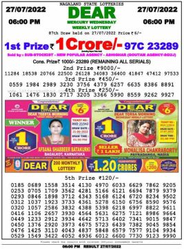 Download Result of Nagaland State Dear 6 Draw 27-07-2022 Draw at 6:00Pm