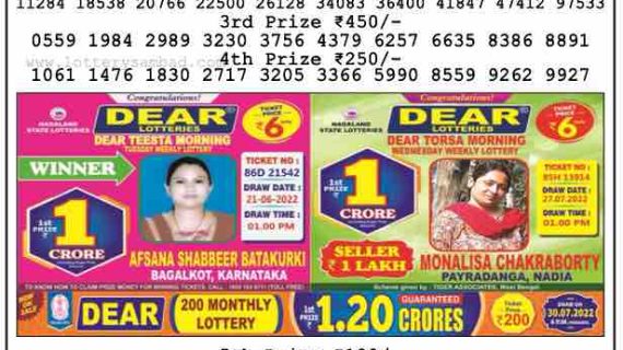 Download Result of Nagaland State Dear 6 Draw 27-07-2022 Draw at 6:00Pm