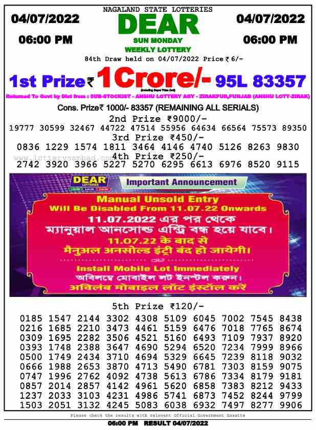 Download Result of Nagaland State Dear 6 Draw 04-07-2022 Draw at 6:00Pm