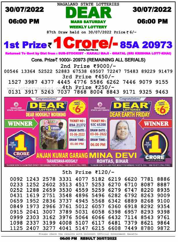 Download Result of Nagaland State Dear 6 Draw 30-07-2022 Draw at 6:00Pm