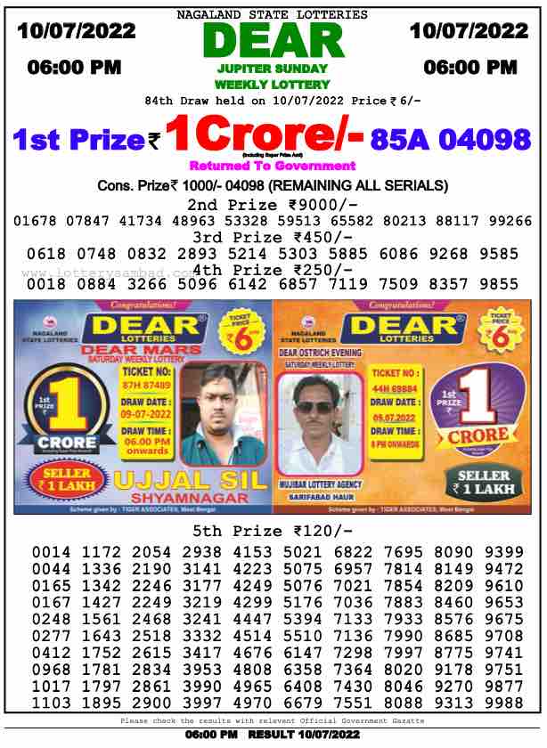 Download Result of Nagaland State Dear 6 Draw 11-07-2022 Draw at 1:00Pm