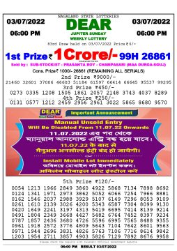 Download Result of Nagaland State Dear 6 Draw 03-07-2022 Draw at 6:00Pm