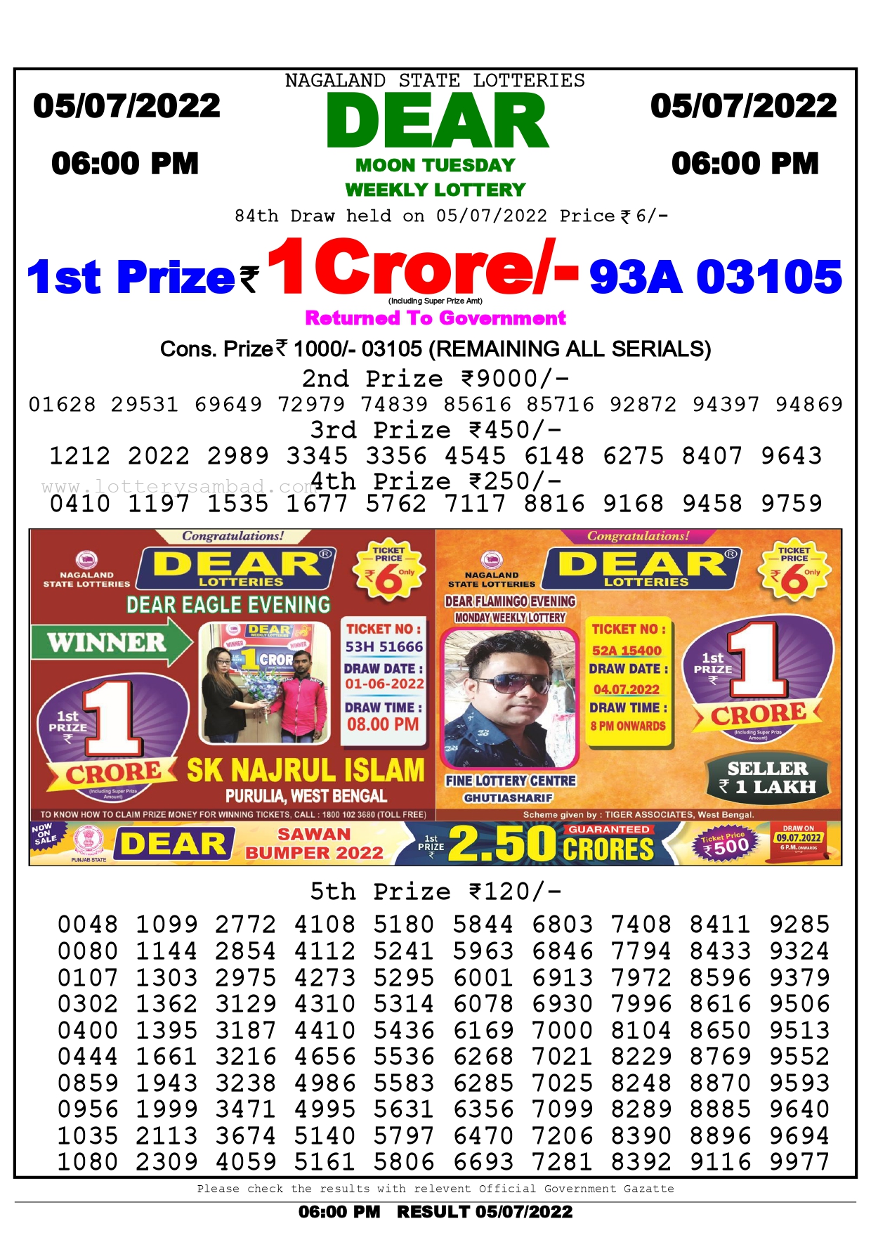 Download Result of Nagaland State Dear 6 Draw 05-07-2022 Draw at 6:00Pm