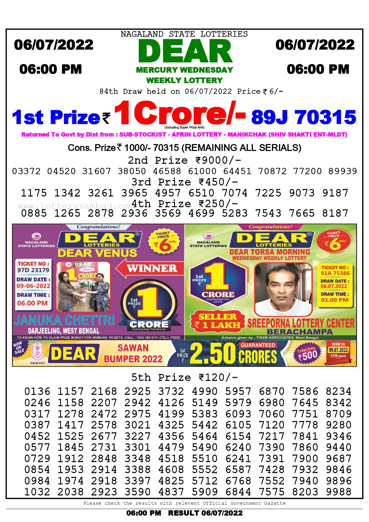 Download Result of Nagaland State Dear 6 Draw 06-07-2022 Draw at 6:00Pm