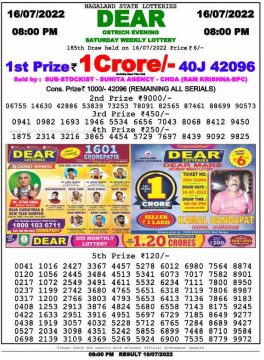 Download Result of Nagaland State Dear 6 Draw 16-07-2022 Draw at 8:00Pm