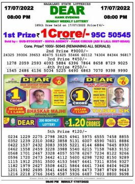 Download Result of Nagaland State Dear 6 Draw 17-07-2022 Draw at 8:00Pm
