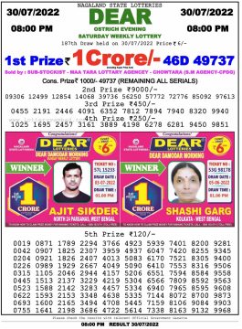 Download Result of Nagaland State Dear 6 Draw 30-07-2022 Draw at 8:00Pm